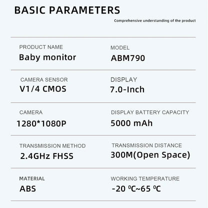 Monitor per bambini intelligente da 7 pollici con telecamera PTZ avanzata, zoom, sensore di temperatura, funzione di ninna nanna rilassante, visione notturna e audio bidirezionale. Offre una sorveglianza affidabile per la sic