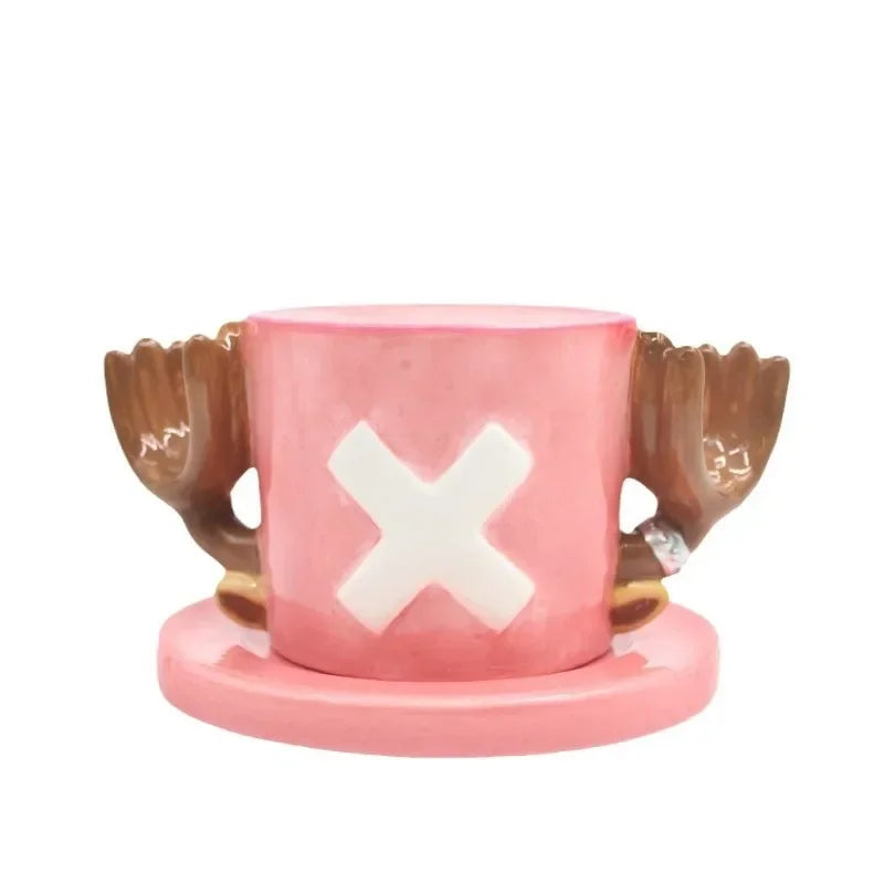 Tazza da caffè e piattino del fumetto Tazze d'acqua a forma di cappello creativo Cosplay Anime Chopper Ace Sabo Tazza in ceramica Piatto da dessert Regali