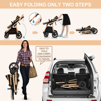 Passeggino 3 in 1 High Landscape per Neonati, Carrozzina Pieghevole Portatile di Lusso con Seggiolino Auto e Navicella da Viaggio