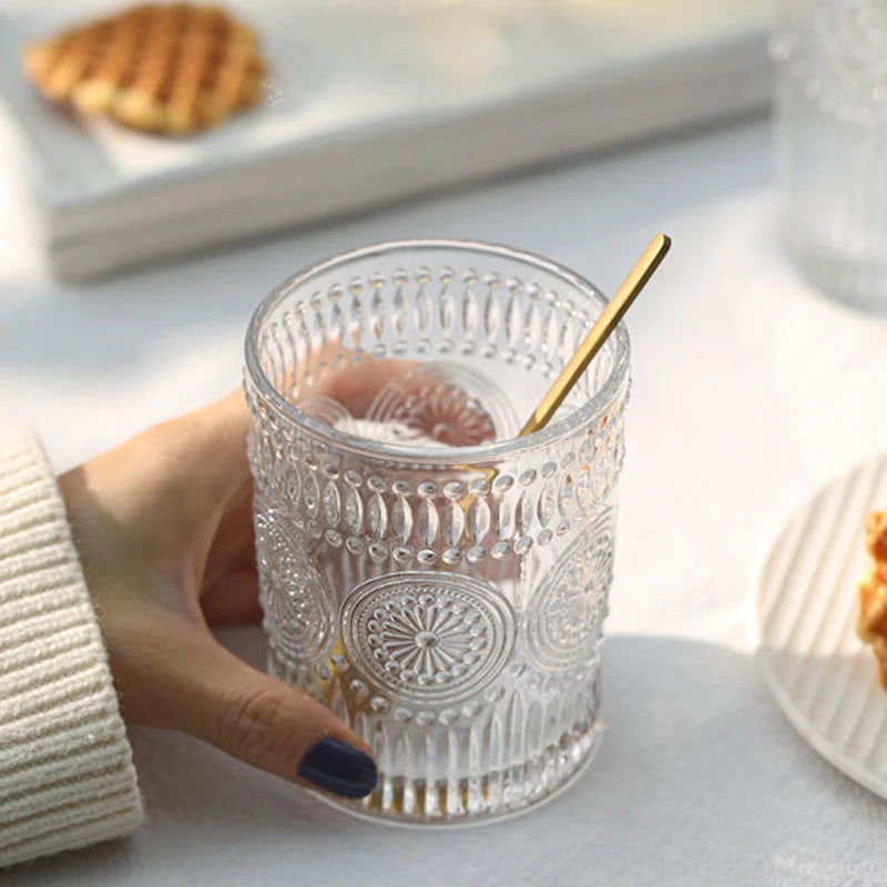 4 pz/2 pz/1 pz stile nordico tazza di acqua di girasole 300ml/350ml Retro Relief tazza di vetro francese bevanda fredda tazze trasparente tazza di succo