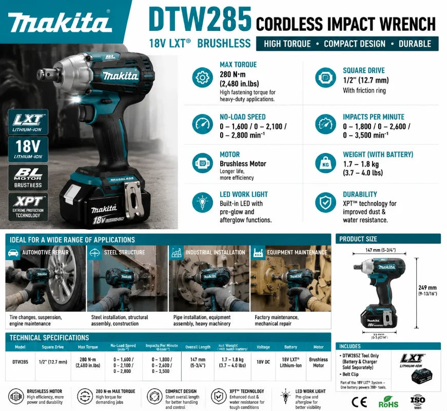 Makita DTW285 Avvitatore a Impulsi 18V 320N·m Senza Spazzole Senza Fili + Batteria 6.0Ah Utensile Elettrico ad Alta Coppia Disponibilità EU Spedizione 1-3 Giorni