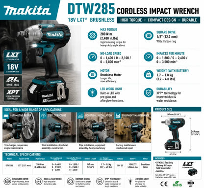 Makita DTW285 Avvitatore a Impulsi 18V 320N·m Senza Spazzole Senza Fili + Batteria 6.0Ah Utensile Elettrico ad Alta Coppia Disponibilità EU Spedizione 1-3 Giorni