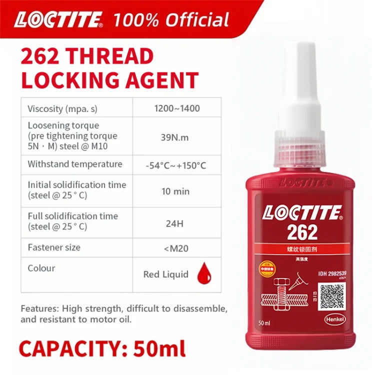 100% originale Loctite 262 Colla per viti Rosso Frenafiletti ad alta resistenza Colla anaerobica Fissatore per viti