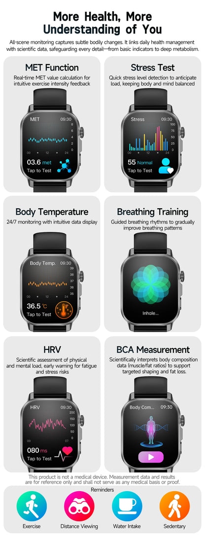 Nuovo Smartwatch per Uomo con Diagnosi ECG Accurata, Misurazione di Pressione Sanguigna, Ossigeno nel Sangue, Grasso nel Sangue, Acido Urico, Temperatura, Chiamate Bluetooth