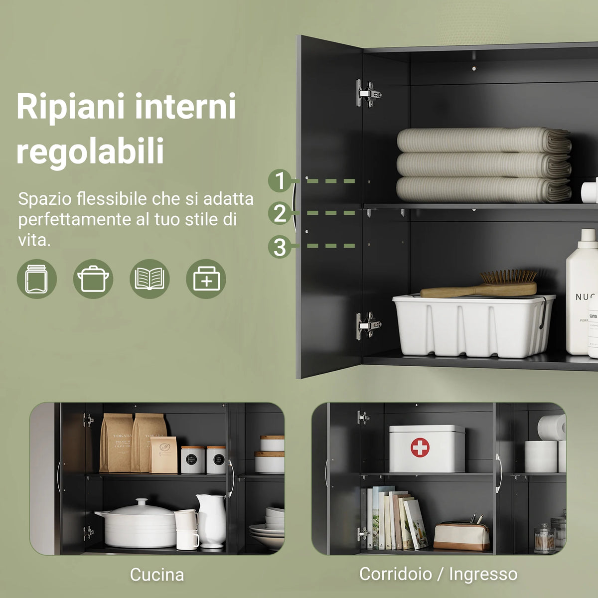SoBuy FRG231-L-SCH Armadio appeso – Armadio bagno sospeso con ripiani regolabili – Armadio a parete stretto per bagno, cucina e disimpegno – Armadio medicinali e farmacia, 90x30x60 cm