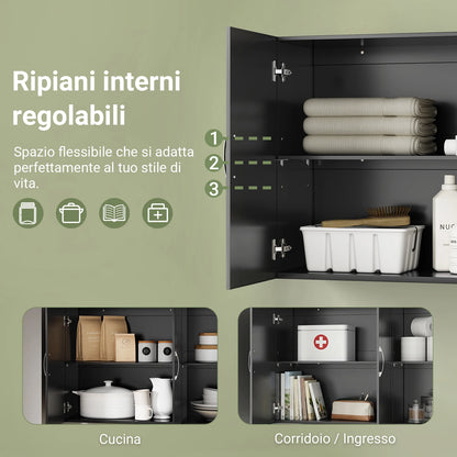 SoBuy FRG231-L-SCH Armadio appeso – Armadio bagno sospeso con ripiani regolabili – Armadio a parete stretto per bagno, cucina e disimpegno – Armadio medicinali e farmacia, 90x30x60 cm