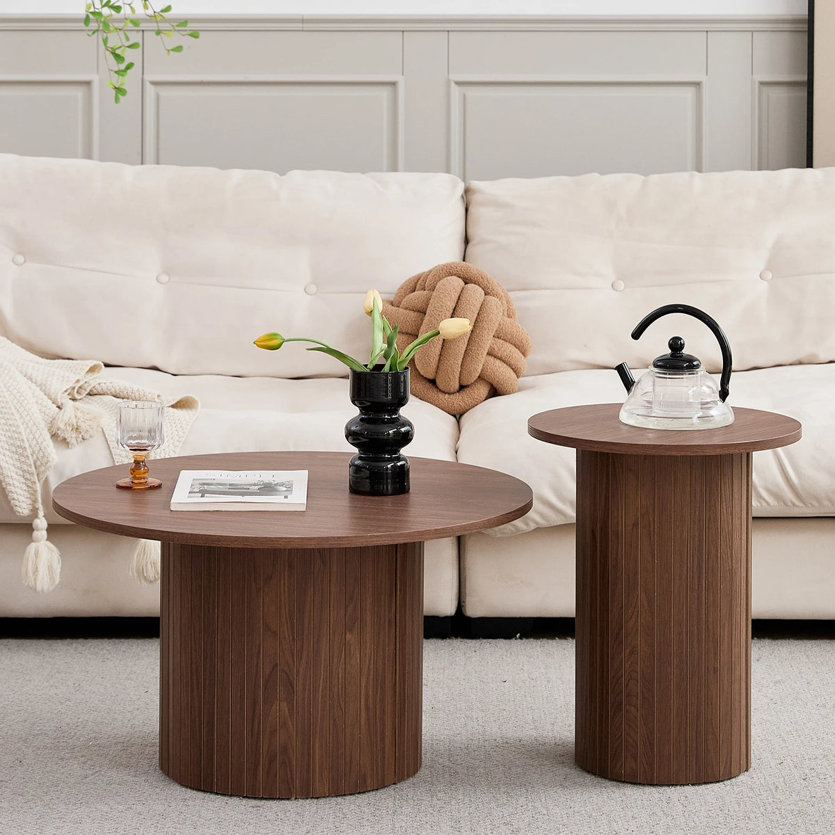 Set di 2 tavolini rotondi in legno in stile nordico, tavolino da caffè impilabile in legno, per mobili da soggiorno/camera da letto