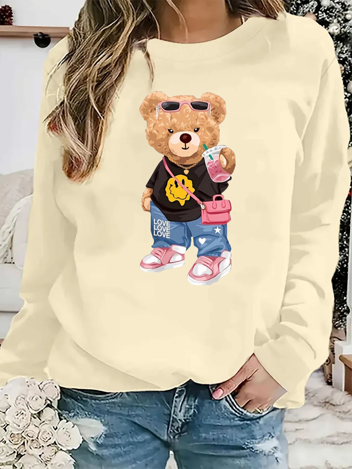 Maglione da donna, modello casual per l’autunno e l’inverno, ampio e comodo, caldo, con stampa a tema cartone animato, scollo rotondo e maniche lunghe.