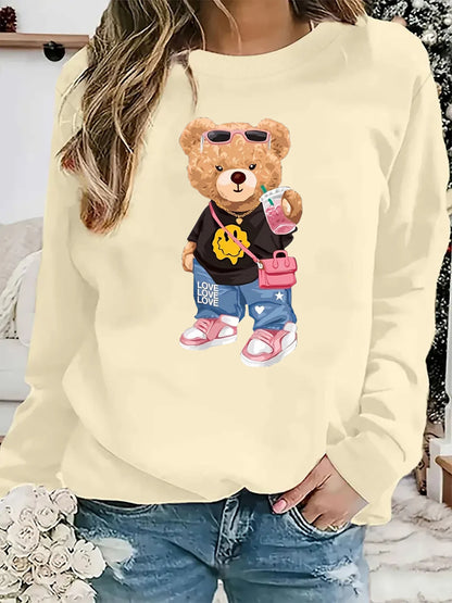 Maglione da donna, modello casual per l’autunno e l’inverno, ampio e comodo, caldo, con stampa a tema cartone animato, scollo rotondo e maniche lunghe.