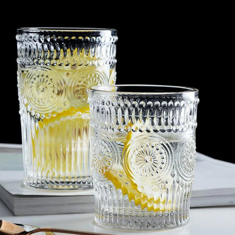 4 pz/2 pz/1 pz stile nordico tazza di acqua di girasole 300ml/350ml Retro Relief tazza di vetro francese bevanda fredda tazze trasparente tazza di succo