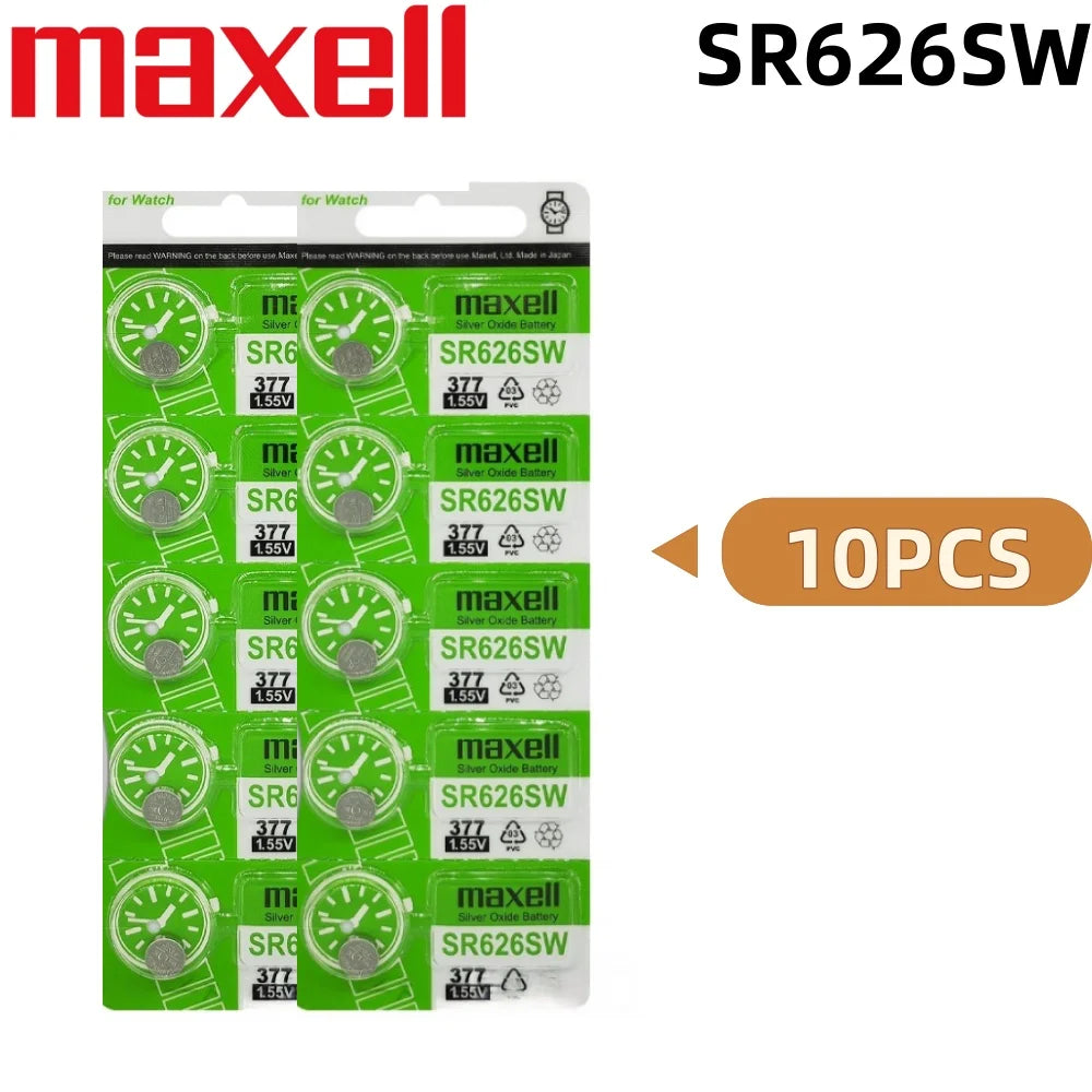 Batteria per orologi Maxell SR626SW, a ossido d'argento, modello 377 AG4, 1,55 V, senza mercurio, a bottone, per orologi da polso.
