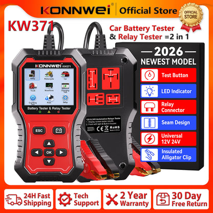 Tester Batteria Auto 2in1 KONNWEI KW371 2026 e Tester Relè a 4 Pin 5 Pin 6V 12V 24V con Stampa Dati Guasto, Test Avvio e Strumento di Scansione Ricarica