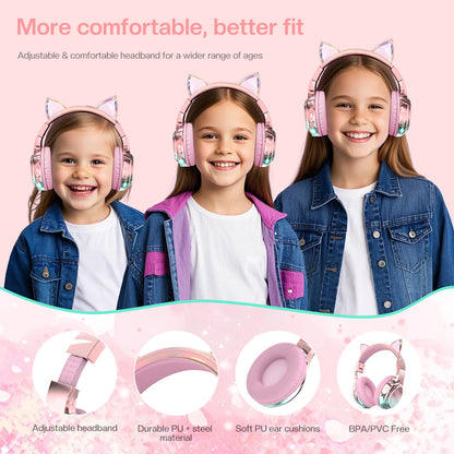 Cuffie wireless a forma di orecchie di gatto per ragazze e bambini, cuffie Bluetooth con volume sicuro 74/85/94dB, cuffie pieghevoli per bambini, ideali per i viaggi