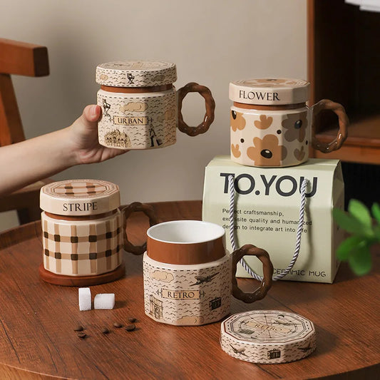 Tazze in ceramica retrò creative, alto livello di aspetto, tazze famose in Internet, souvenir di lusso leggero, tazze da caffè con LIDS