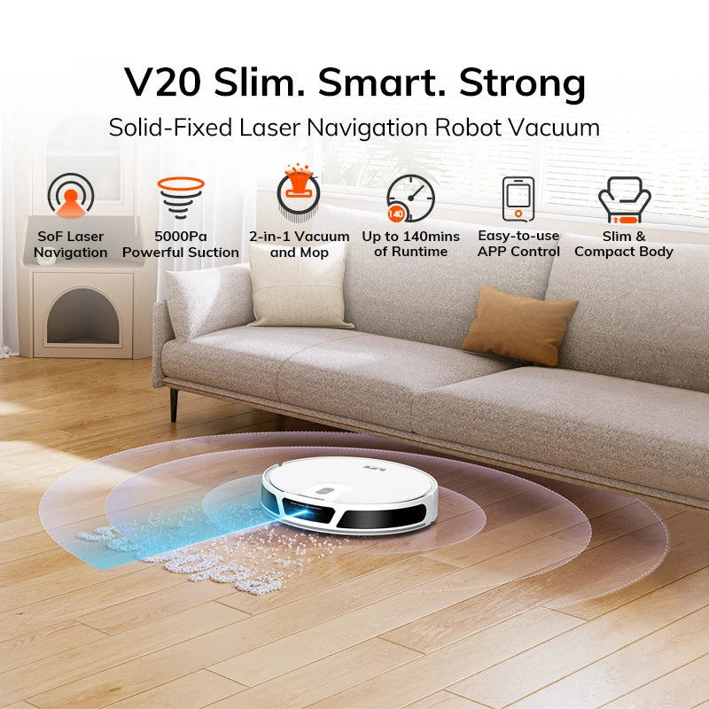 Robot Aspirapolvere ILIFE V20, Aspirazione 5000Pa, Navigazione Intelligente SOF LiDAR, Controllo APP, Pulizia Personalizzabile, Ricarica Automatica