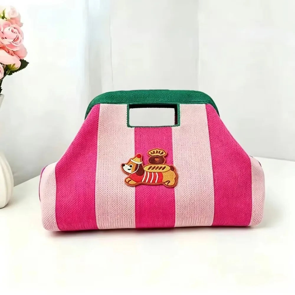 Nuova borsa intrecciata traforata a righe, borsa a mano in maglia, versatile borsa portatile per cosmetici