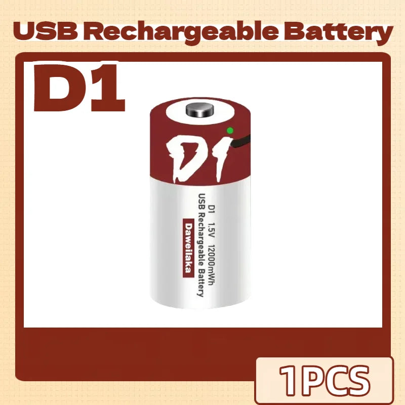 Batteria agli ioni di litio da 1,5 V formato D, 12000 mWh, ricaricabile tramite USB per torce, scaldabagni, giocattoli, include cavo di ricarica gratuito