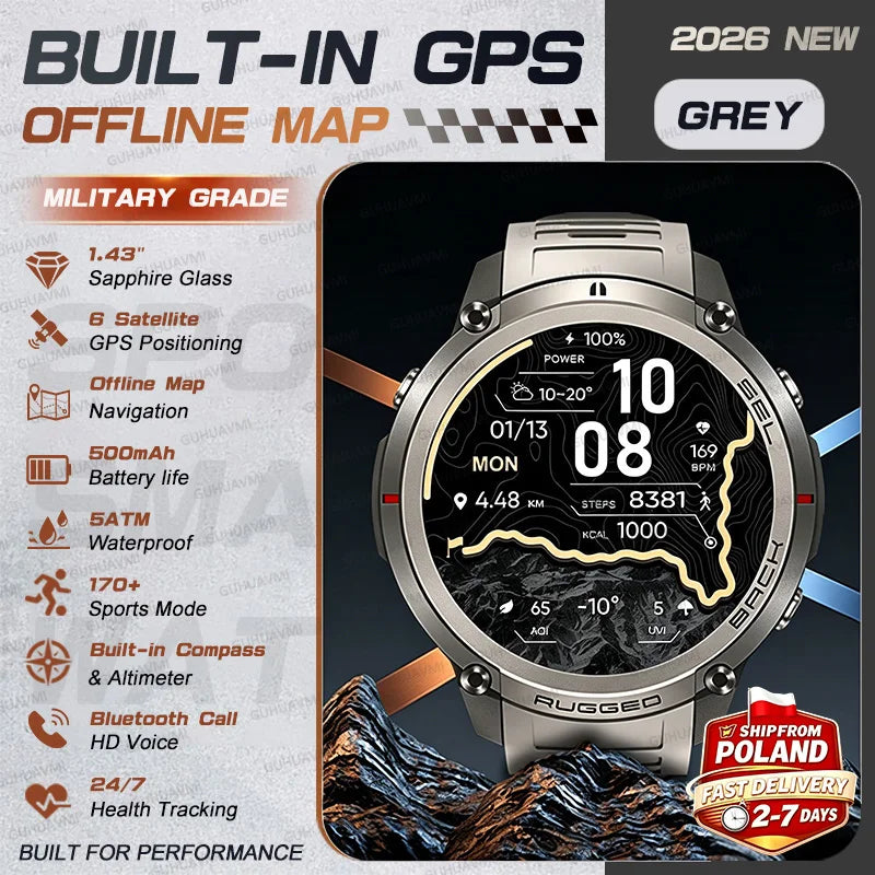 2026 NUOVO Smartwatch con Mappe Offline per Uomo, Display AMOLED HD da 1,43 Pollici, GPS Esterno Integrato, Bussola, Altimetro, Impermeabile 5ATM, Orologio Sportivo per Nuoto, Ciclismo e Corsa