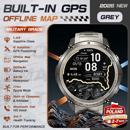2026 NUOVO Smartwatch con Mappe Offline per Uomo, Display AMOLED HD da 1,43 Pollici, GPS Esterno Integrato, Bussola, Altimetro, Impermeabile 5ATM, Orologio Sportivo per Nuoto, Ciclismo e Corsa
