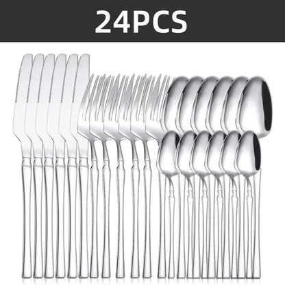 Set di posate da 24 pezzi in acciaio inox, coltelli, forchette, cucchiaini da caffè, stoviglie lavabili in lavastoviglie.