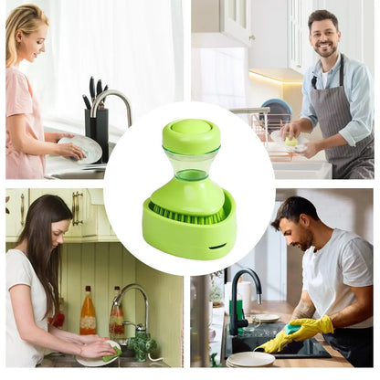 Spazzola per piatti con erogatore di sapone 2 in 1, dotata di spazzola integrata per la pulizia di pentole, padelle e lavelli, fornita con supporto da parete, strumento per la pulizia della cucina.