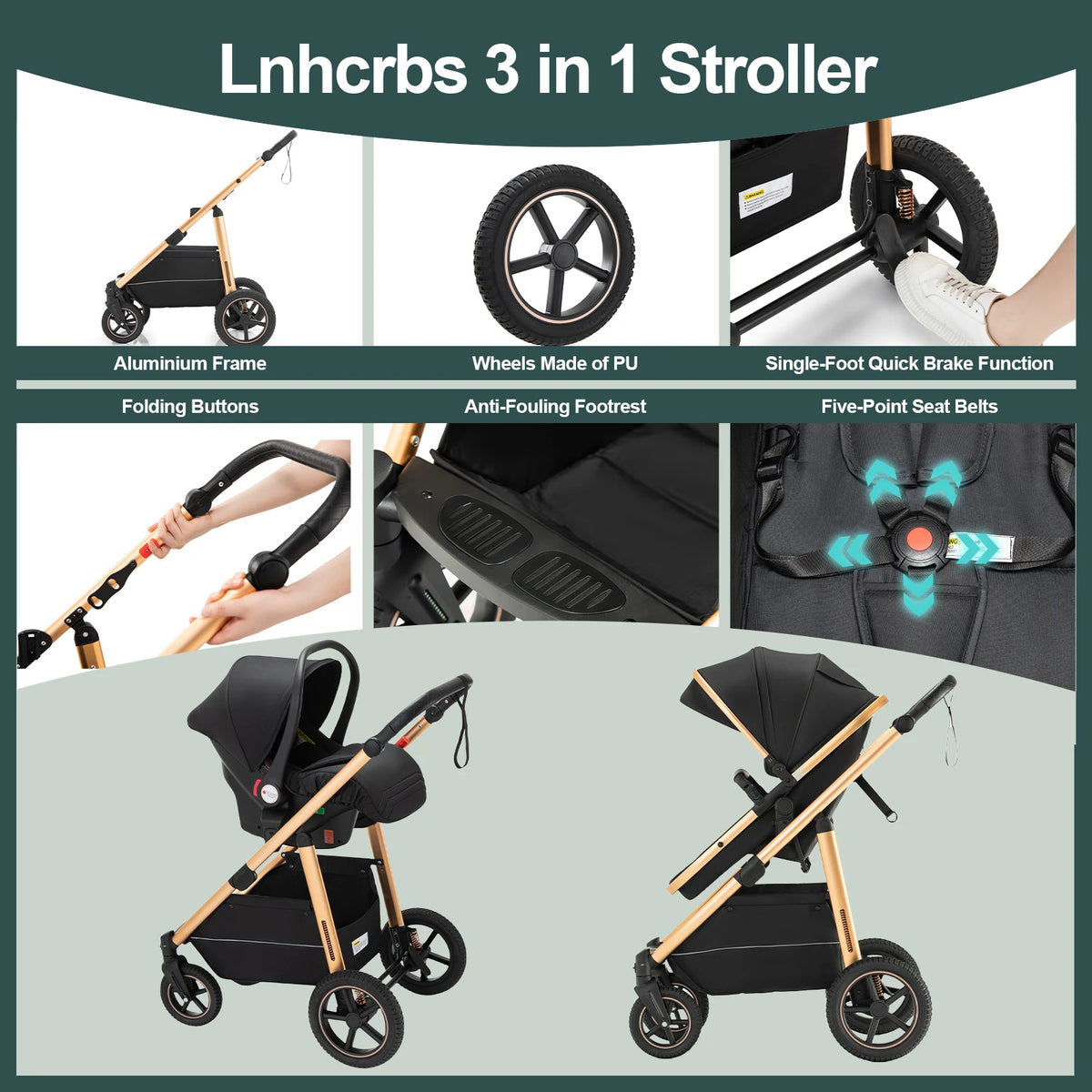Passeggino 3 in 1 High Landscape per Neonati, Carrozzina Pieghevole Portatile di Lusso con Seggiolino Auto e Navicella da Viaggio