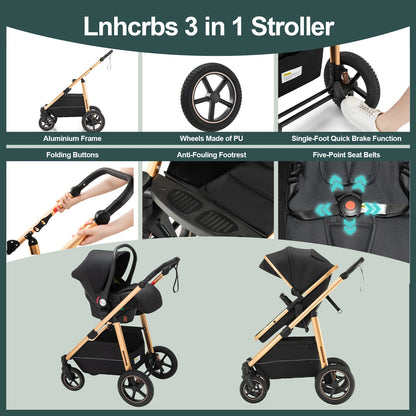 Passeggino 3 in 1 High Landscape per Neonati, Carrozzina Pieghevole Portatile di Lusso con Seggiolino Auto e Navicella da Viaggio