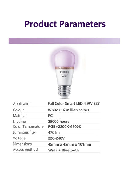Philips 4PCS LED Smart Mini Ball E27 Lampadine WiZ 4.9W P45 Wi-Fi e Bluetooth 220-240V Lampade P dimmerabili satinate a colori