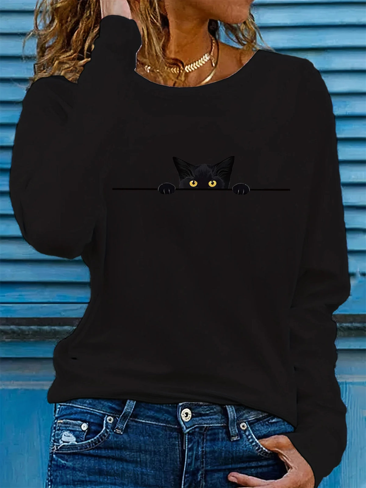 T-shirt da donna in 100% puro cotone, ideale per la primavera e l'autunno, comoda, casual, alla moda, con maniche lunghe, stampa grafica a tema felino e scollo rotondo.