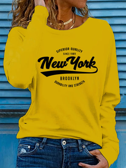 T-shirt da donna in 100% puro cotone, ideale per la primavera e l'autunno, dal taglio ampio e confortevole, con stampa a lettere "NEW YORK", maniche lunghe e scollo rotondo.