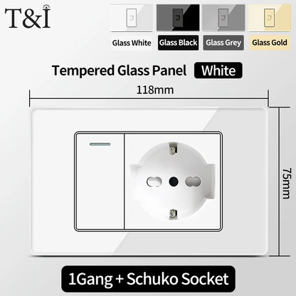 Prese per interruttori a muro T&I con tipo USB  C Ricarica rapida, presa Italia, presa Schuko Cile, pannello in vetro temperato per la casa