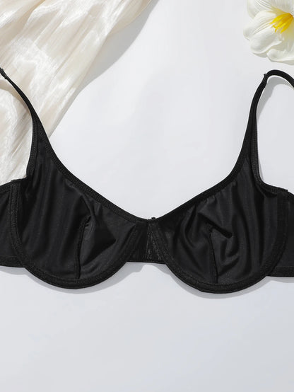 Set di Lingerie di Lusso in Raso per Donne, 2 Pezzi, Reggiseno a 3/4 Coperture e Slip, Effetto Seta Lucida, Sexy Set Intimo Nero MR2938