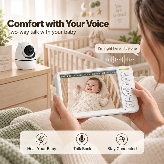 Monitor video per bambini da 5 pollici con batteria da 5000 mAh, telecamera con funzioni di panoramica, inclinazione e zoom, visione notturna, audio bidirezionale, monitoraggio della temperatura e funzione di canti per la nan