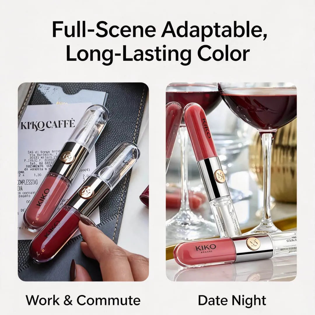 KIKO Milano: rossetto trasparente bicolore, a lunga tenuta, resistente alle sbavature, con un'elevata concentrazione di pigmenti e disponibile in finiture opache e lucide.