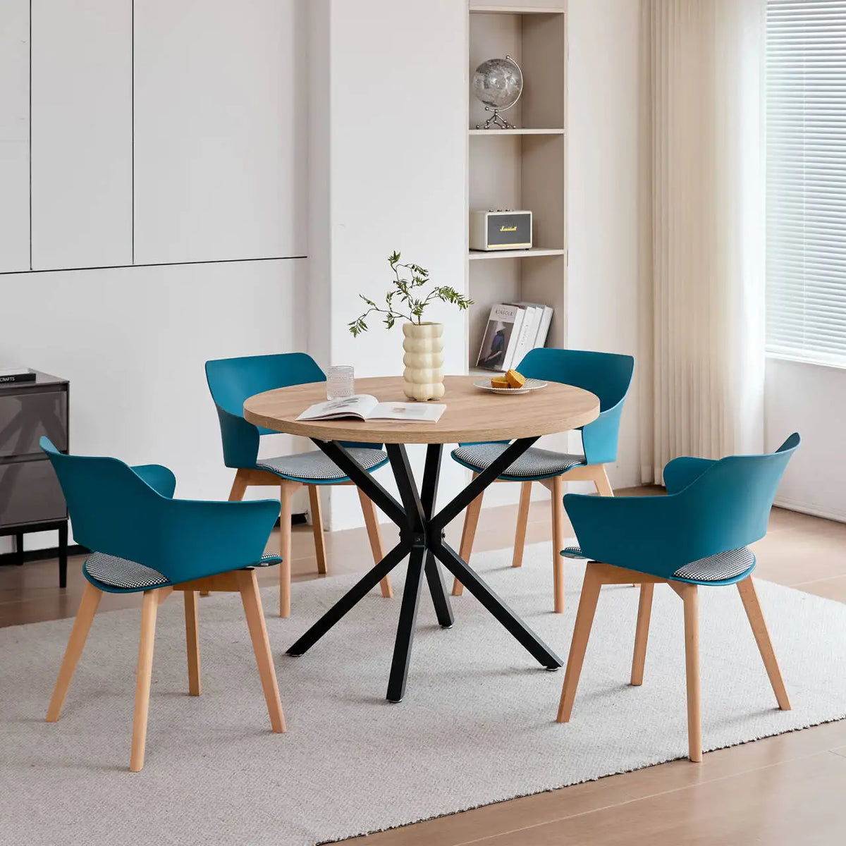 Sedie da pranzo moderne da 2 pezzi con braccioli - Guscio in PP + Gambe in legno + Cuscino in tessuto pied de poule per cucina, soggiorno, caffè
