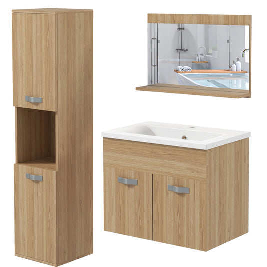 Set da bagno 4 pezzi con mobiletto alto, specchio, lavabo e lavello a parete, finitura naturale
