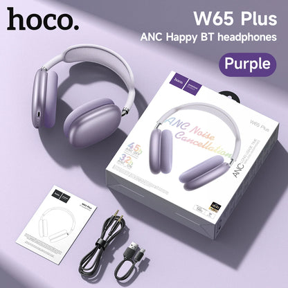Cuffie Bluetooth HOCO W65 Plus con cancellazione del rumore ANC, auricolari wireless over-ear, suono Hi-Fi, cuffie sportive con pulsante.