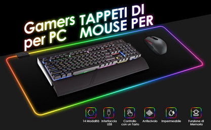 Tappetino per mouse da gaming RGB, formato XXL, extra large, 800 x 300 mm x 4 mm, ideale per giocatori di PC, antiscivolo, impermeabile, per computer e laptop - 14 modalità di illuminazione.