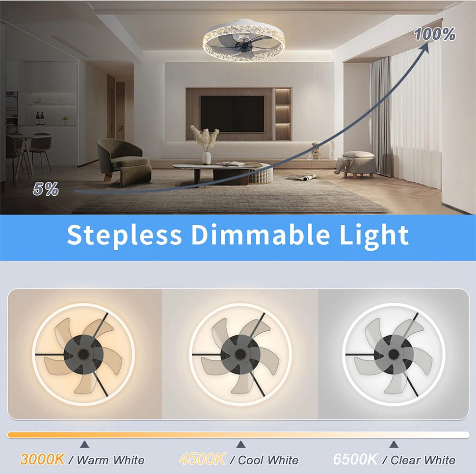 Ventilatore da Soffitto Intelligente con Lampada, Controllo Remoto e App, 6 Livelli di Vento, Dimmerabile, Nero Bianco 50CM, Ventilatore per Raffreddamento Domestico