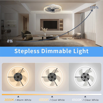 Ventilatore da Soffitto Intelligente con Lampada, Controllo Remoto e App, 6 Livelli di Vento, Dimmerabile, Nero Bianco 50CM, Ventilatore per Raffreddamento Domestico