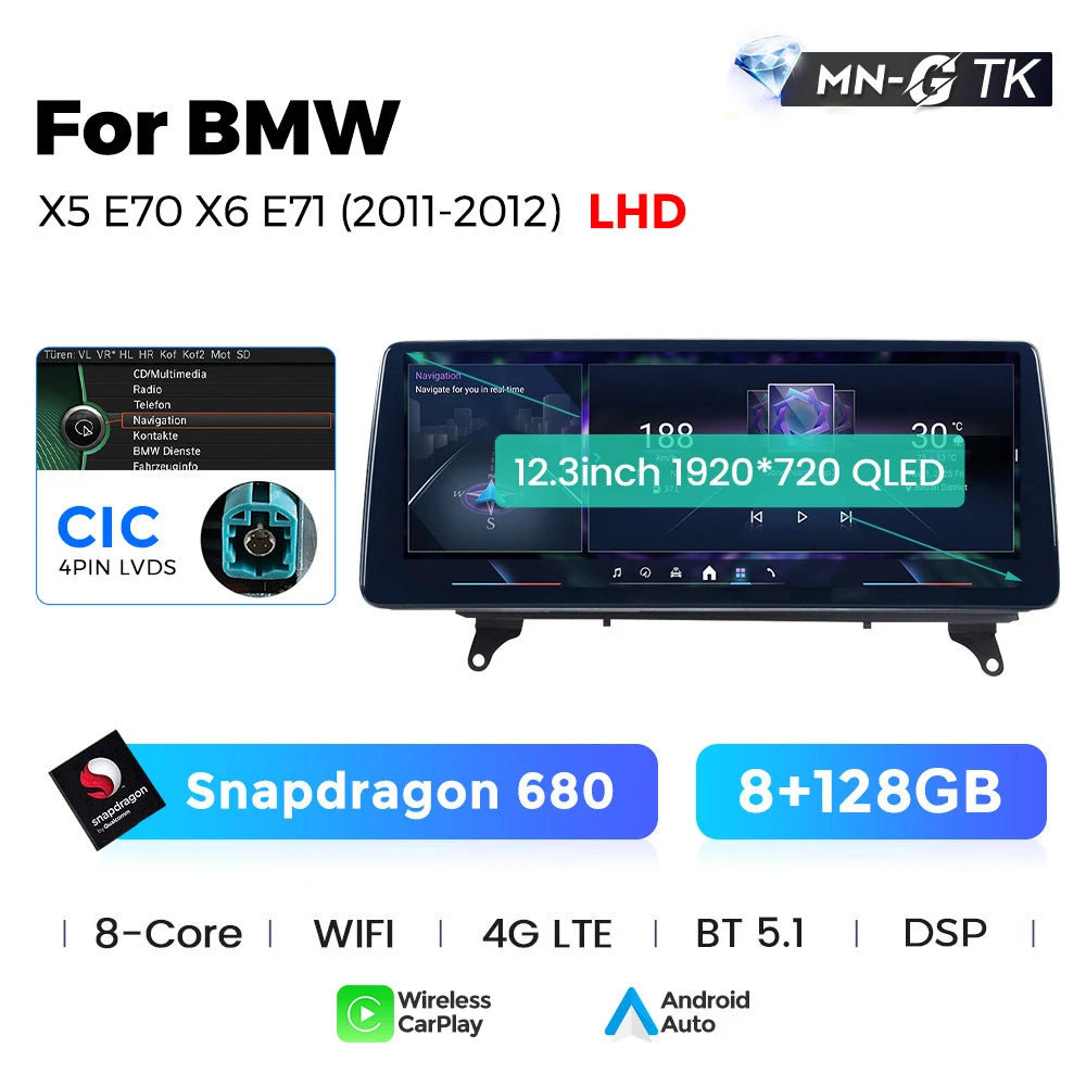 Sistema Multimediale Intelligente MEKEDE con CarPlay Wireless e Android Auto per BMW X5 E70 X6 E71, Schermo QLED da 10.25/12.3 Pollici, Android 14, CPU Snapdragon, Radio e Navigazione GPS per Auto
