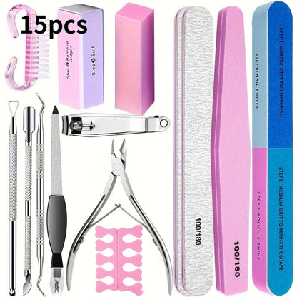 Kit Professionale per Nail Art da 10/15 Pezzi con Lime Grana 100/180, Spugna Buffer, Pennello, Forbici, Tronchesine per Cuticole, Spingicuticole, Strumenti per Gel Polish