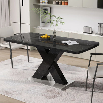 Tavolo da pranzo rettangolare moderno da 120 cm-160 cm, piano da tavolo in marmo nero stampato estensibile + gamba da tavolo a forma di X in MDF con base in metallo