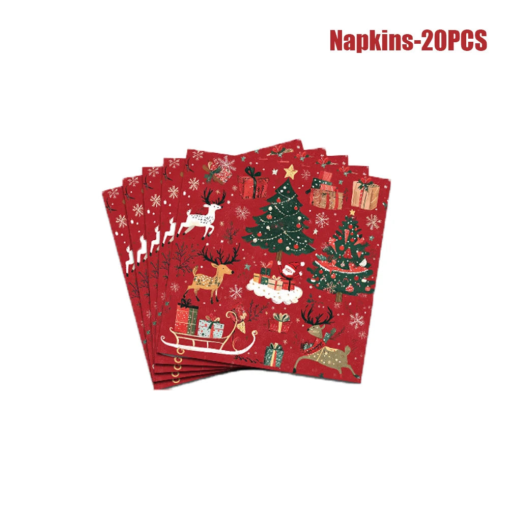 Set di stoviglie per feste a tema natalizio, con decorazioni a tema renna e albero, piatti, bicchieri e tovaglioli di carta usa e getta, articoli per le feste di Capodanno.