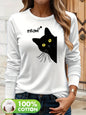 T-shirt da donna in 100% puro cotone, ideale per la primavera e l'autunno, comoda, casual, alla moda, con maniche lunghe, stampa grafica a tema felino e scollo rotondo.