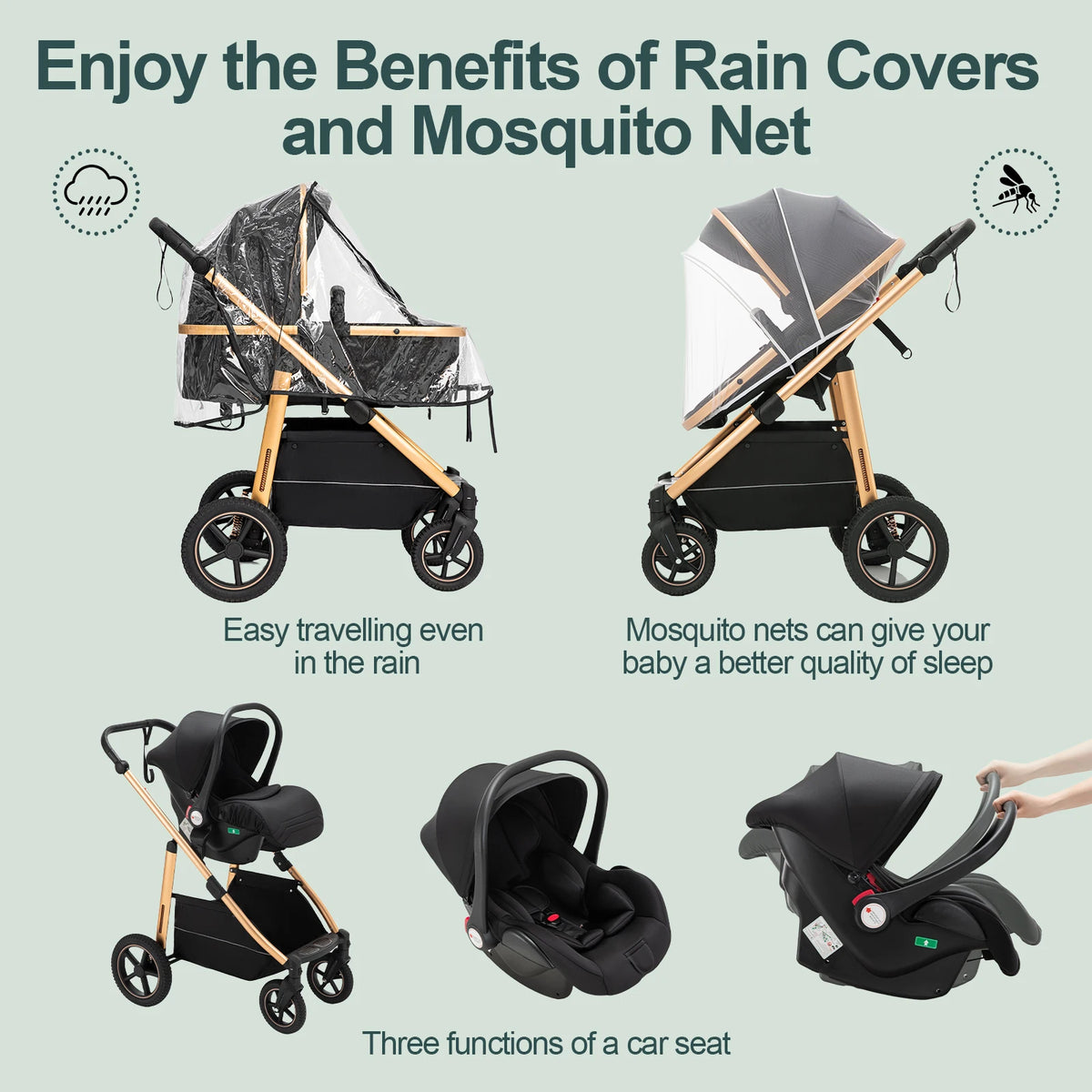 Passeggino 3 in 1 High Landscape per Neonati, Carrozzina Pieghevole Portatile di Lusso con Seggiolino Auto e Navicella da Viaggio