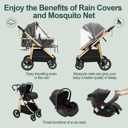 Passeggino 3 in 1 High Landscape per Neonati, Carrozzina Pieghevole Portatile di Lusso con Seggiolino Auto e Navicella da Viaggio