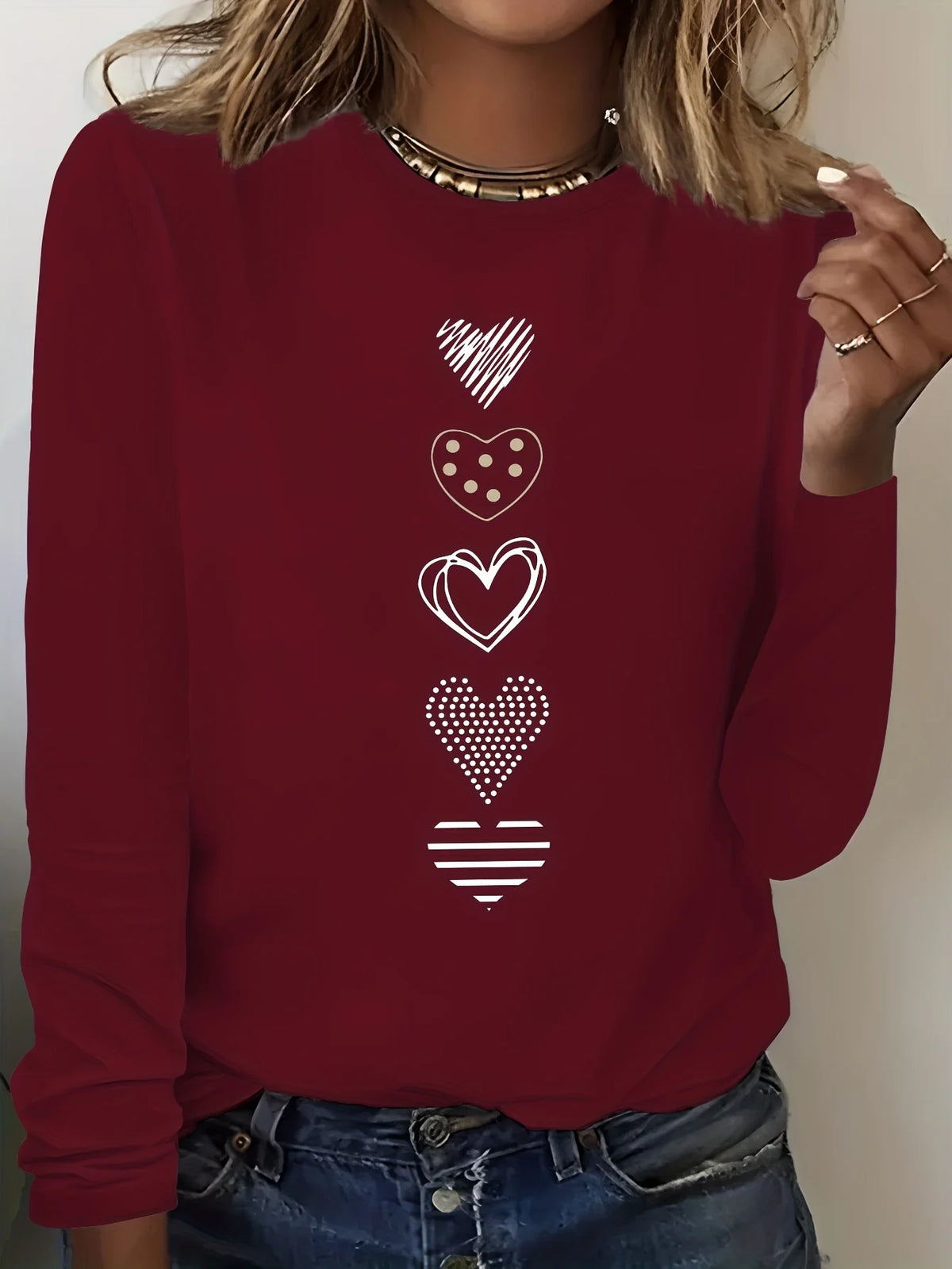 Abbigliamento primaverile e autunnale da donna in cotone 100 T-shirt stampata con cuore colorato Manica lunga Girocollo Top casual