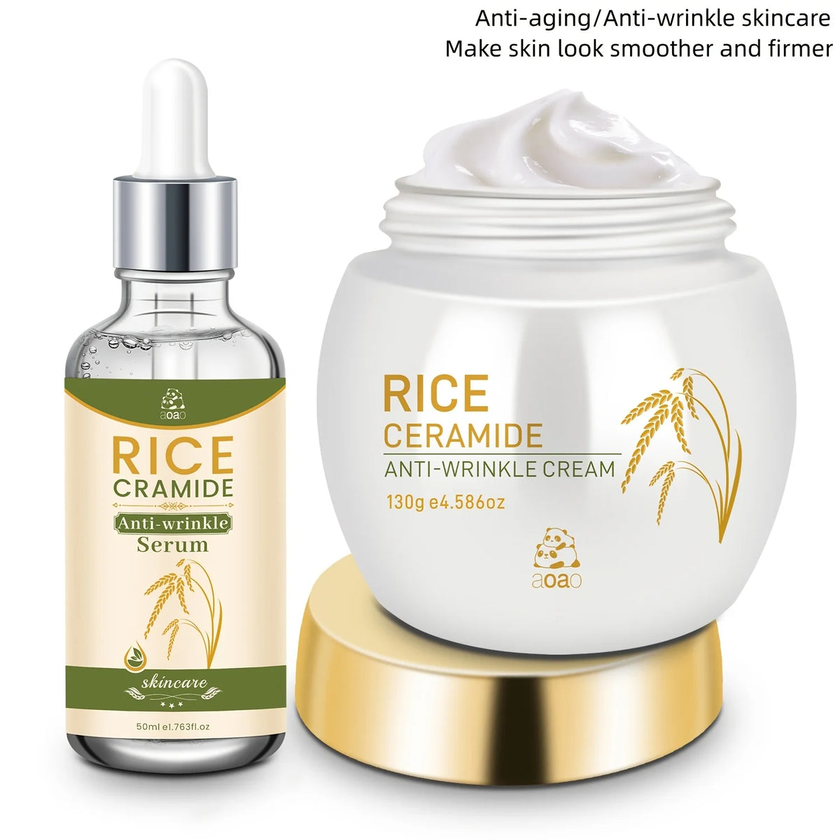 Set di 2 prodotti per la cura del viso anti-rughe a base di riso, contiene 130g di crema e 50ml di essenza per idratazione giorno e notte e rassodamento, cura della pelle anti-rughe che rende la pelle più giovane.