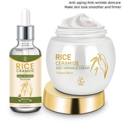 Set di 2 prodotti per la cura del viso anti-rughe a base di riso, contiene 130g di crema e 50ml di essenza per idratazione giorno e notte e rassodamento, cura della pelle anti-rughe che rende la pelle più giovane.